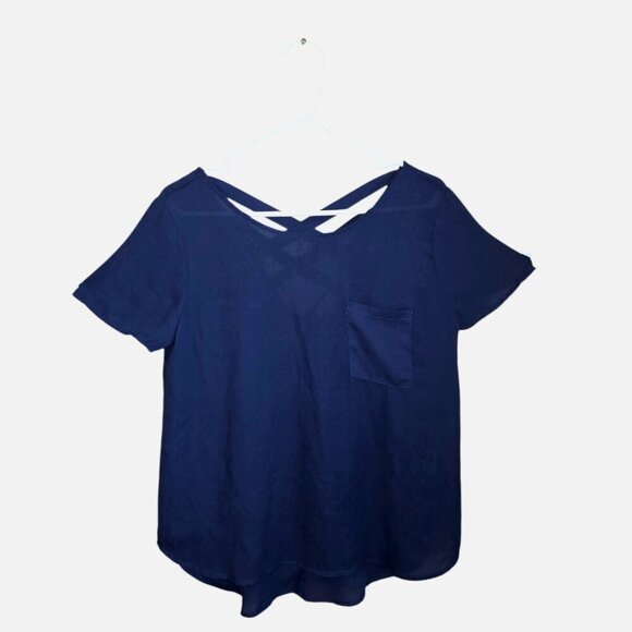 Lily White Blouse Size Medium Navy Blue Chiffon V Neck Dark Fairy Sheer Pocket - Picture 1 of 9